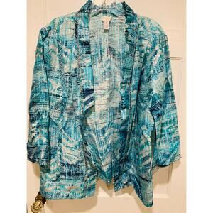 Chico's 3 Freeda Open-Front Blazer Maui Blue w/ Metal Bead Accents & 3/4 Sleeves